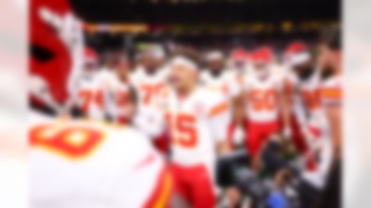 Kansas City Chiefs quarterback Patrick Mahomes (15) leads a huddle prior to the NFL Super Bowl LIX football game against the Philadelphia Eagles on Sunday, February 9, 2025 in New Orleans, Louisiana.