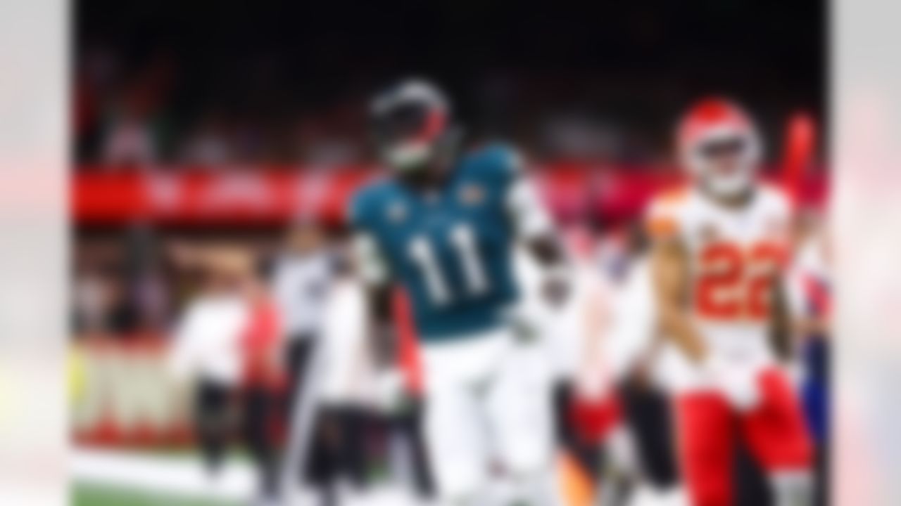 Philadelphia Eagles wide receiver A.J. Brown (11) celebrates during the NFL Super Bowl LIX football game against the Kansas City Chiefs on Sunday, February 9, 2025 in New Orleans, Louisiana.