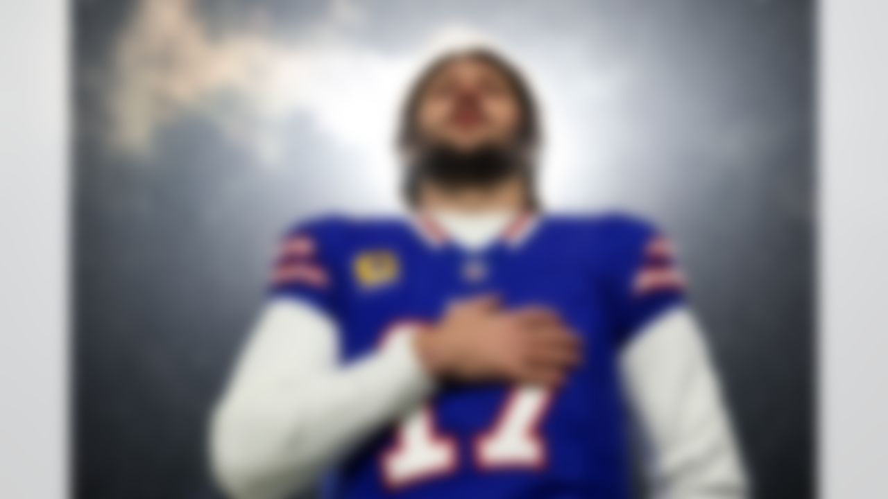 Buffalo Bills quarterback Josh Allen (17) looks on during the singing of the national anthem prior to an NFL divisional playoff game against the Baltimore Ravens on Sunday, January 19, 2025 in Orchard Park, New York.