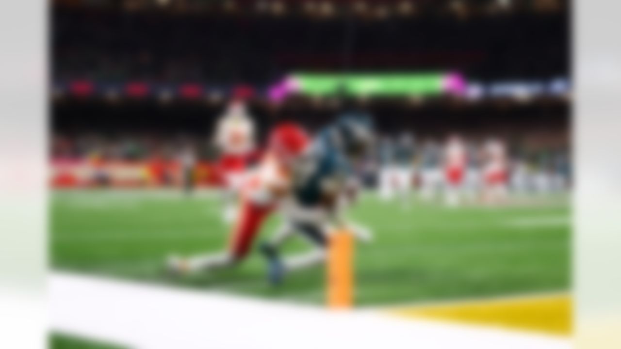 Philadelphia Eagles wide receiver Jahan Dotson (83) runs the ball towards the goal line during the NFL Super Bowl LIX football game against the Kansas City Chiefs on Sunday, February 9, 2025 in New Orleans, Louisiana.