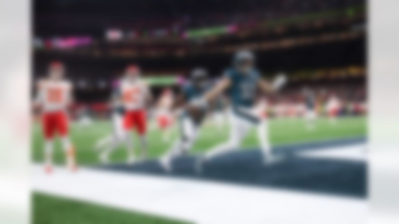 Philadelphia Eagles cornerback Cooper DeJean (33) reacts after intercepting the ball and scoring a touchdown during the NFL Super Bowl LIX football game agains the Kansas City Chiefs on Sunday, February 9, 2025 in New Orleans, Louisiana.